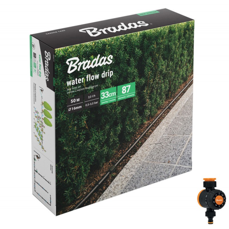 Kit furtun pentru irigare prin picurare cu temporizator, Bradas, Ø 16mm, L 50m