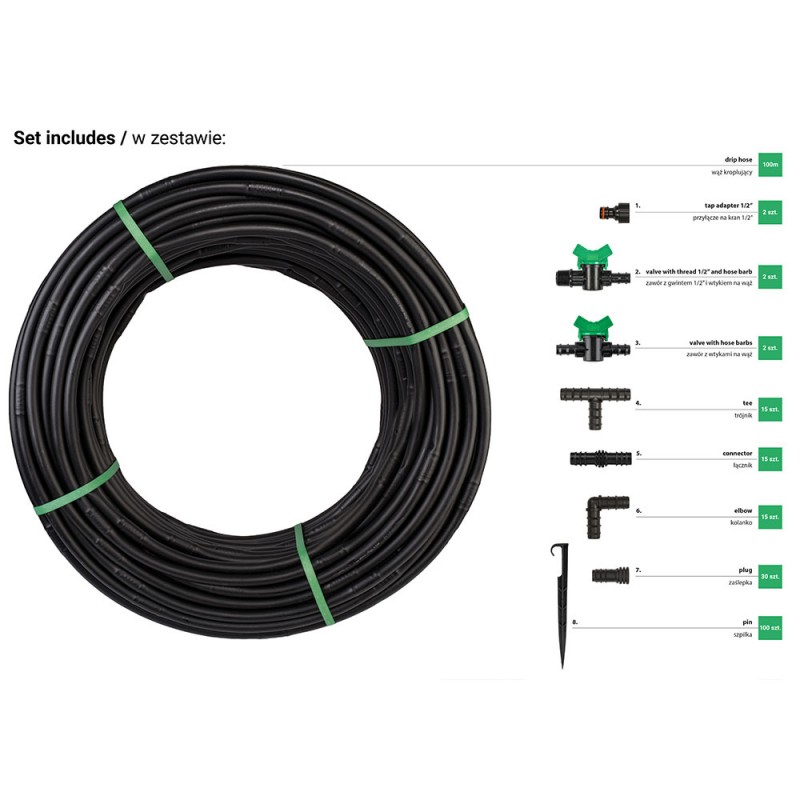 Kit furtun pentru irigare prin picurare, Bradas, Ø 16mm, L 100m