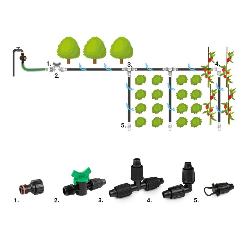 Set cu 27 accesorii QJ pentru banda de picurare de 16 mm
