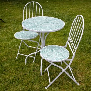 Set (bistro) mobilier de gradină metalic - masă și 2 scaune - alb-verde menta deschis
