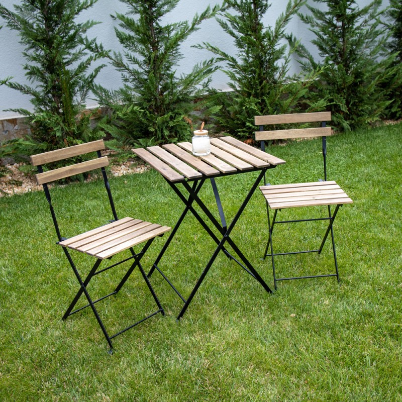 Set (bistro) mobilier de gradina metalic - masa si 2 scaune, suprafata lemn